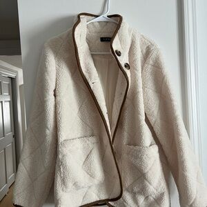Ralph Lauren Women's Cream Teddy Jacket with Brown Trim